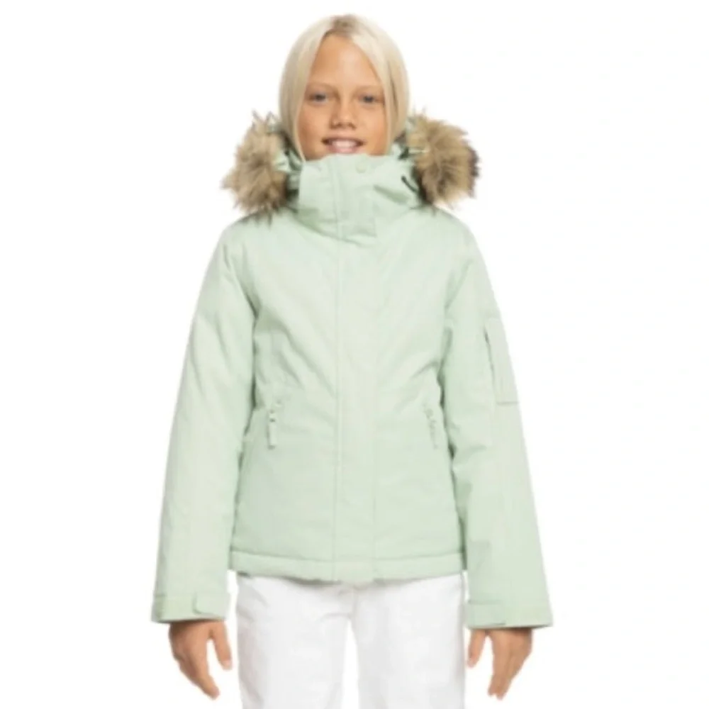 Roxy Girls Mint Green Hooded Winter Jacket with Faux Fur Trim